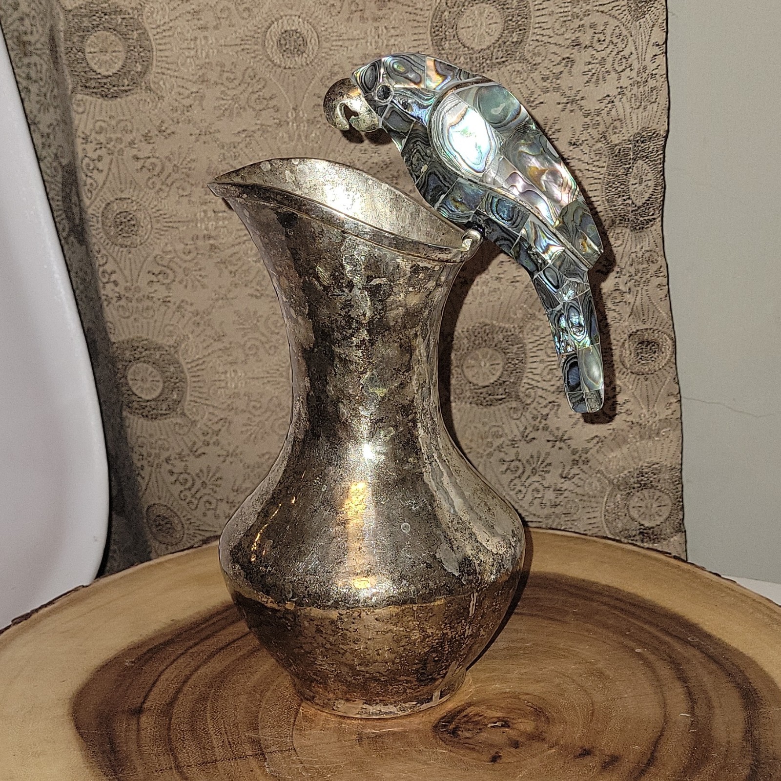 Vintage Los Fajardo Taxco Silver Plate Parrot Pitcher Abalone Inlay Mid Century