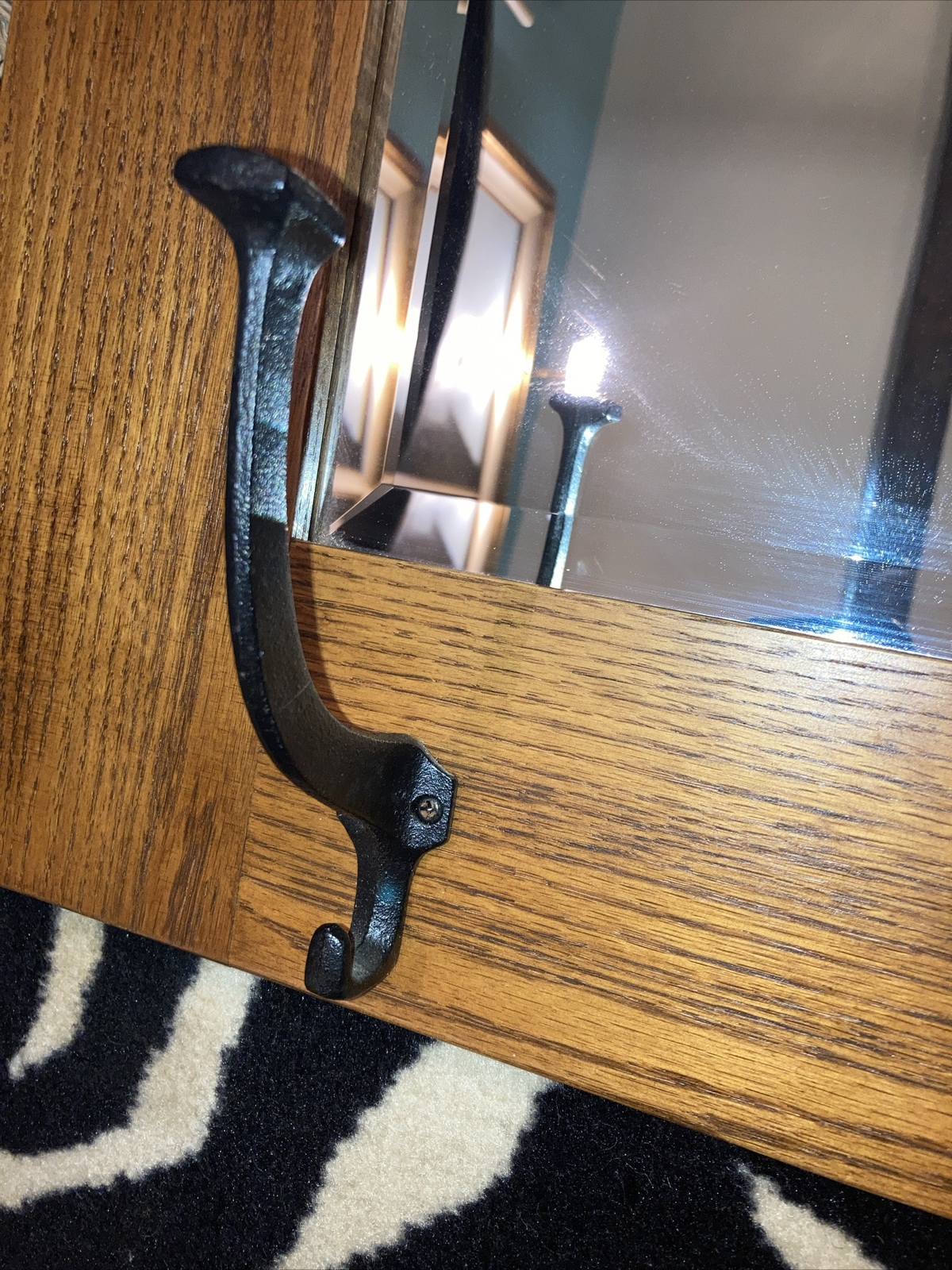 Heavy Solid Oak Mission Style Bevel Glass Mirror With Iron Hooks Coat Hooks