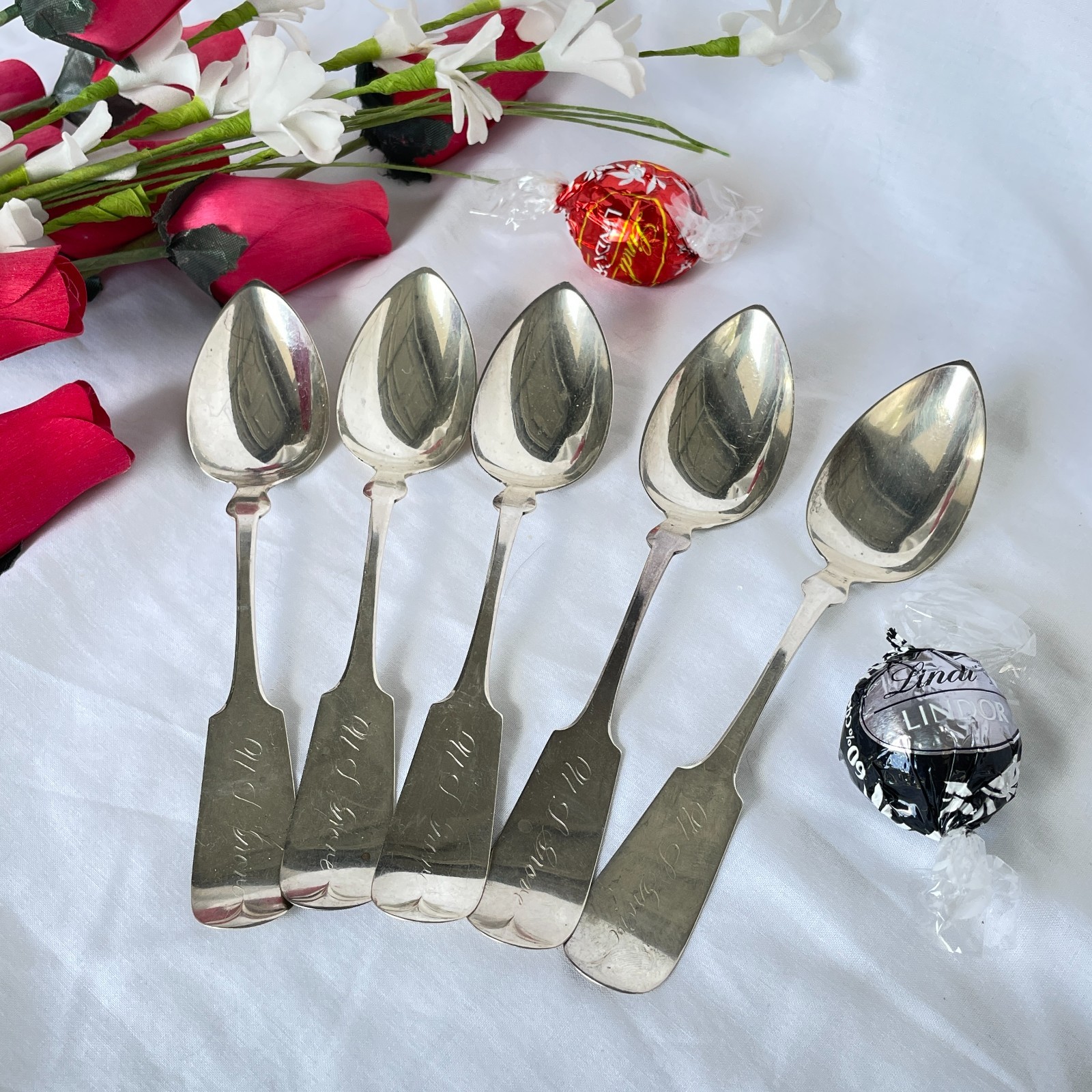 5 Hotchkiss & Schreuder Sterling Silver Fiddle Teaspoons Mono U L Grove Pre-1871