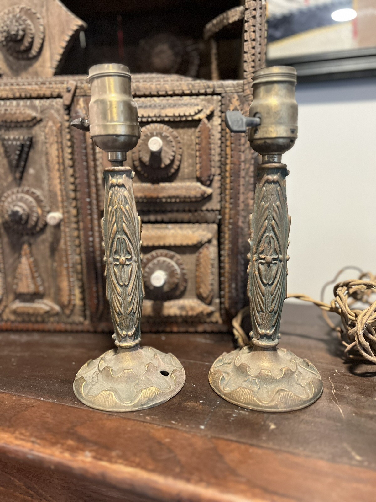 Antique Art Nouveau Pair Faries Lamps End Table Bedside His Hers Cast Iron Lamp