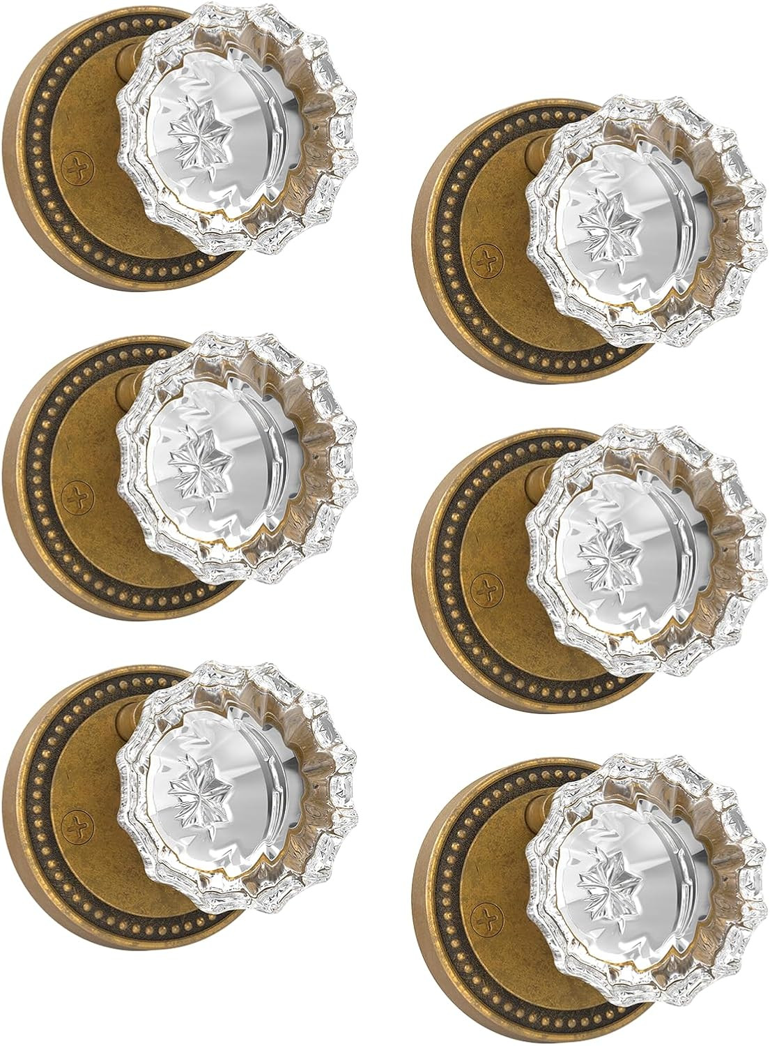6 Pack Privacy Antique Brass Crystal Door Knob with Lock, Vintage Antique Brass