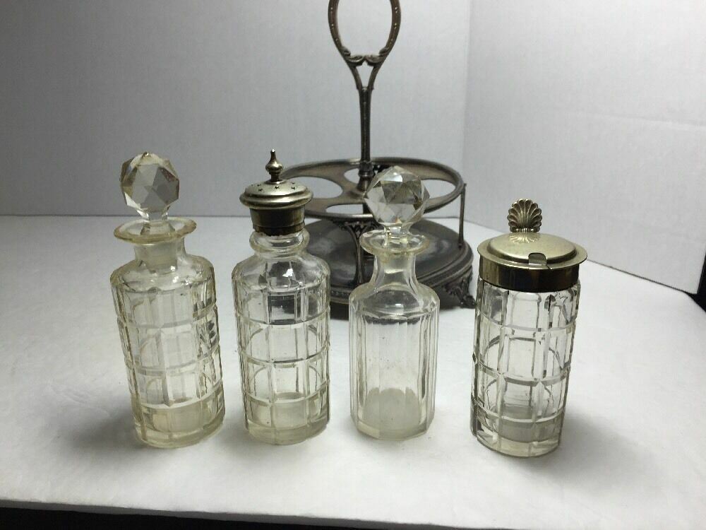 Antique Condiment Server Silver Plate Glass Jars Stamped Damaged A523