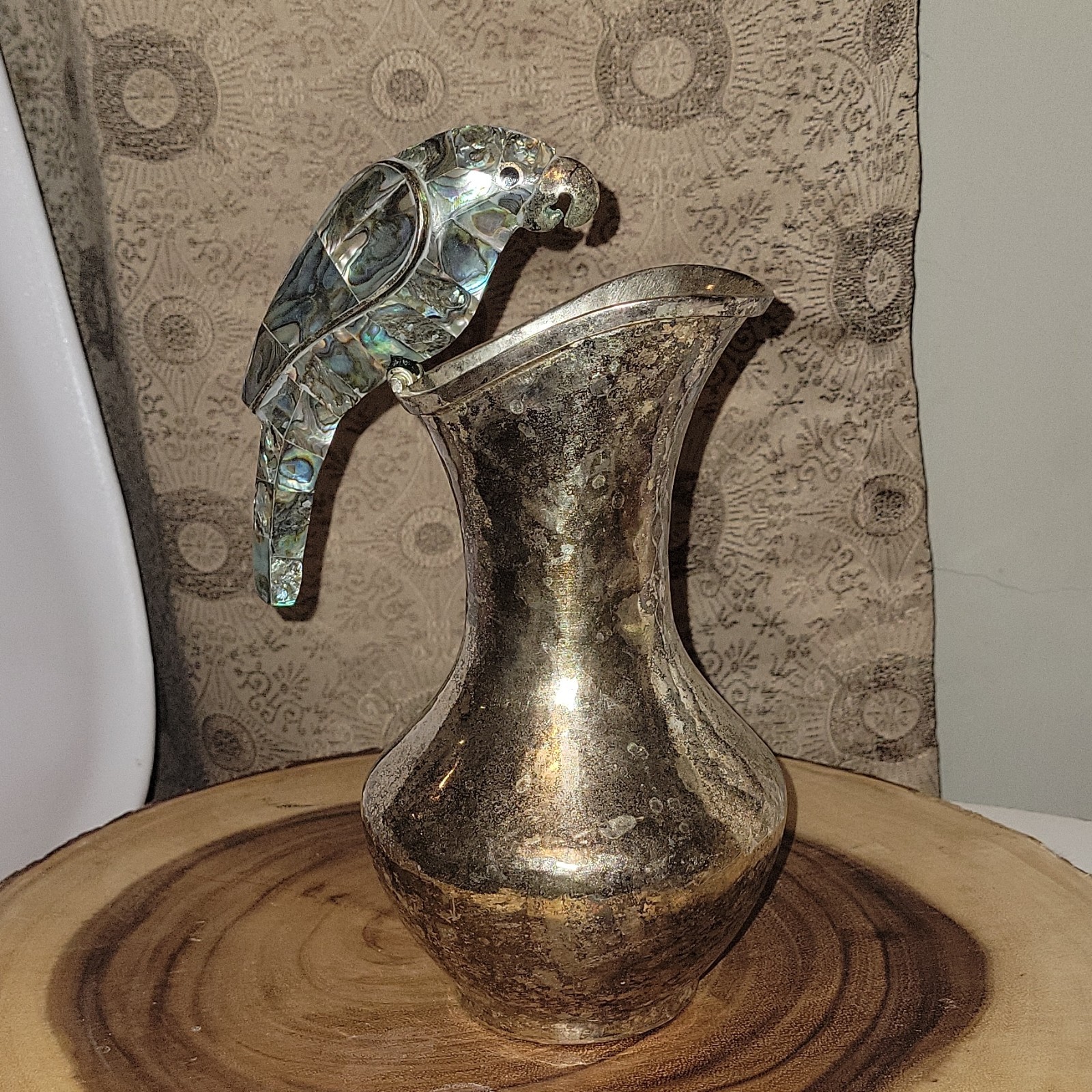 Vintage Los Fajardo Taxco Silver Plate Parrot Pitcher Abalone Inlay Mid Century