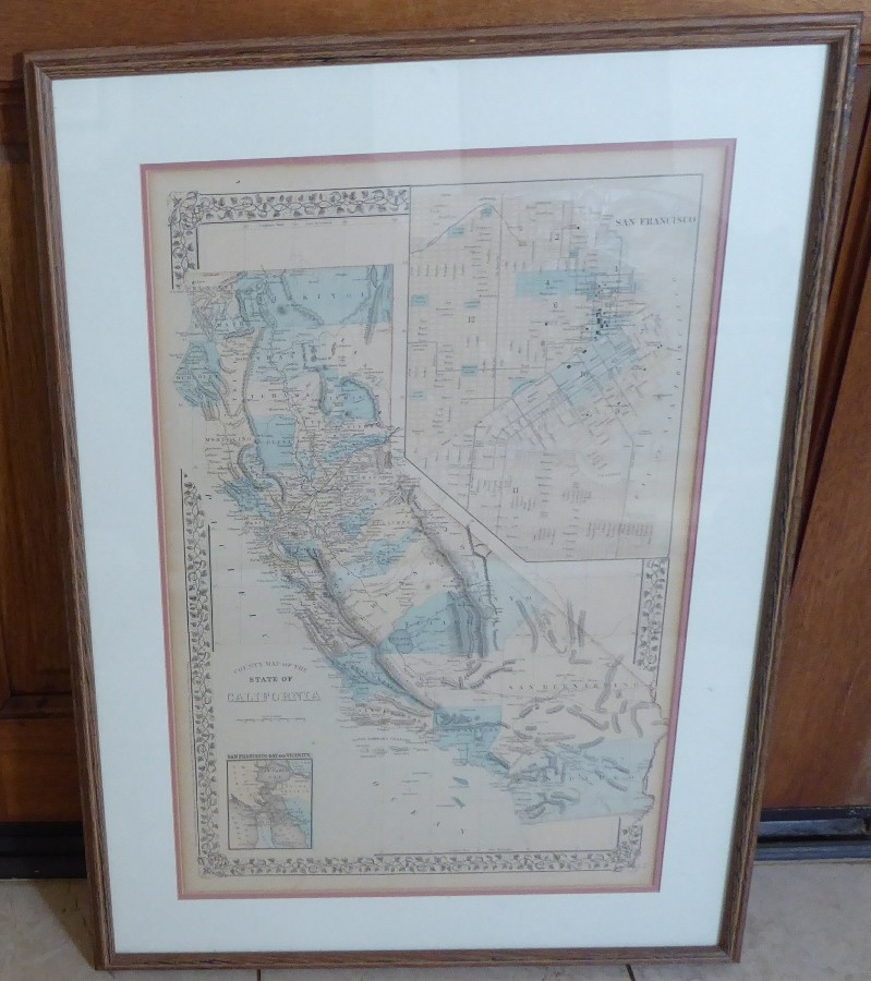 1869 Mitchell Map California Framed w/Glass Hand Colored SF Streets Double Page!