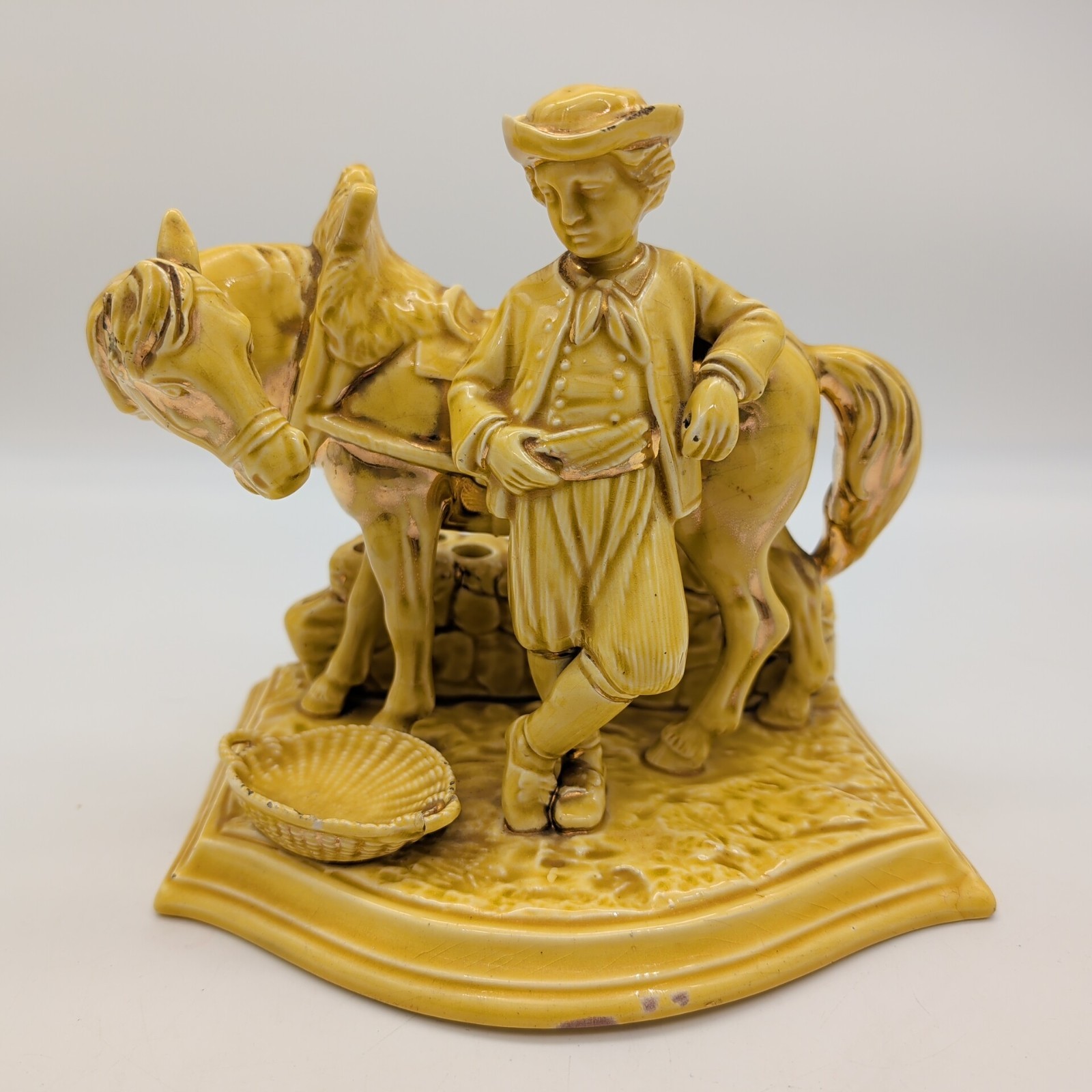 Eichwald Boy & Horse Pipe Holder Cigar Stand Gilded Yellow Ceramic 2624 Antique