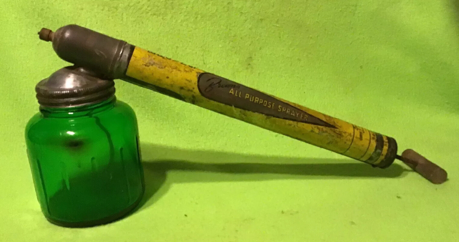 Vintage ~ Sprayer ~ BROWN’S ~ All purpose ~ EMERALD Glass JAR~