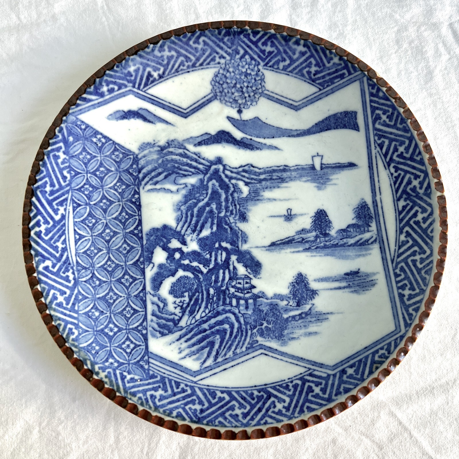 Antique Japanese Igezara Blue & White Porcelain 10” Plate Seascape Landscape