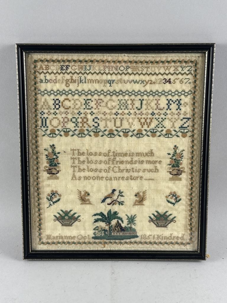 Antique October 1851 Framed Under Glass Needlework Sampler by Marianne Kindred