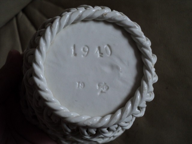 WW2 Era Dated 1940 White Porcelain Small Basket Rope Effect VGC HAS MAKER MARK