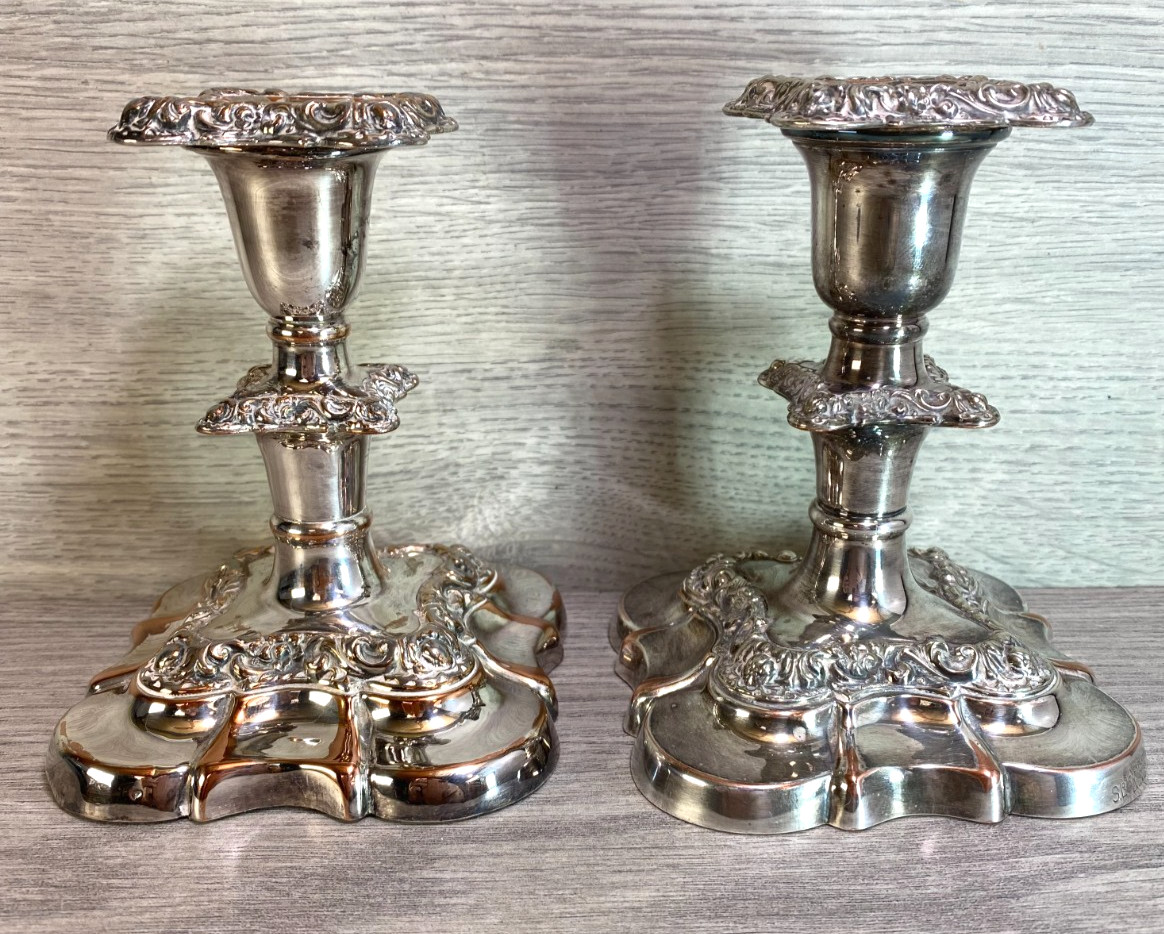 antique pair Silver Plate on copper Candlesticks stamped SL english c1900