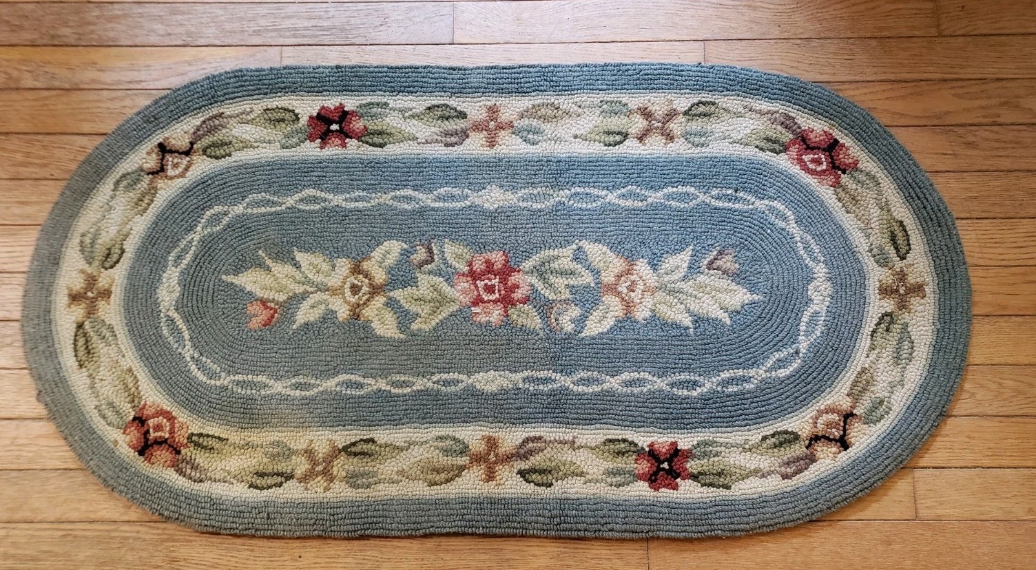 Vintage Oval Hooked Rug Wool Blue/Cream w/Red & Pink Flowers Cottage Very Nice!