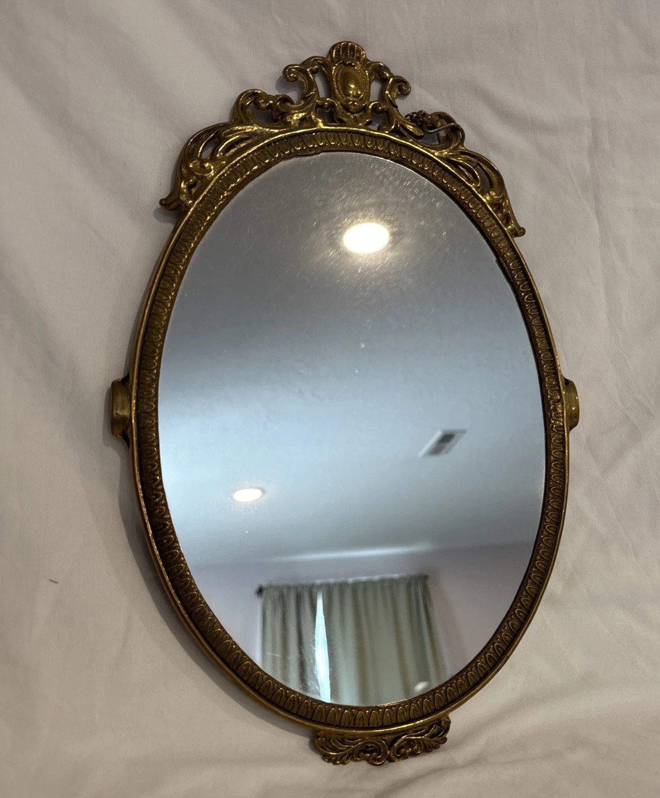 VTG Wall Mirror French Louis XVI Gold Gilt Brass Oval Crest Hollywood Regency