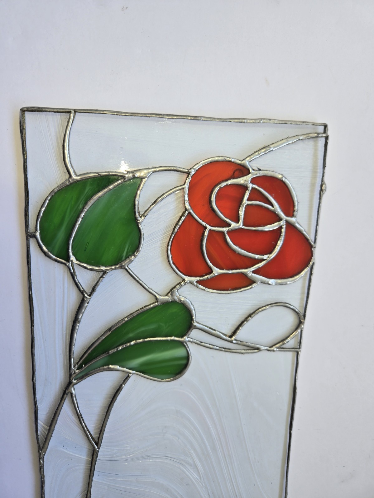 Stained Glass Rose w/Long Stem Window Suncatcher Floral Hanging HandMade 19″ L