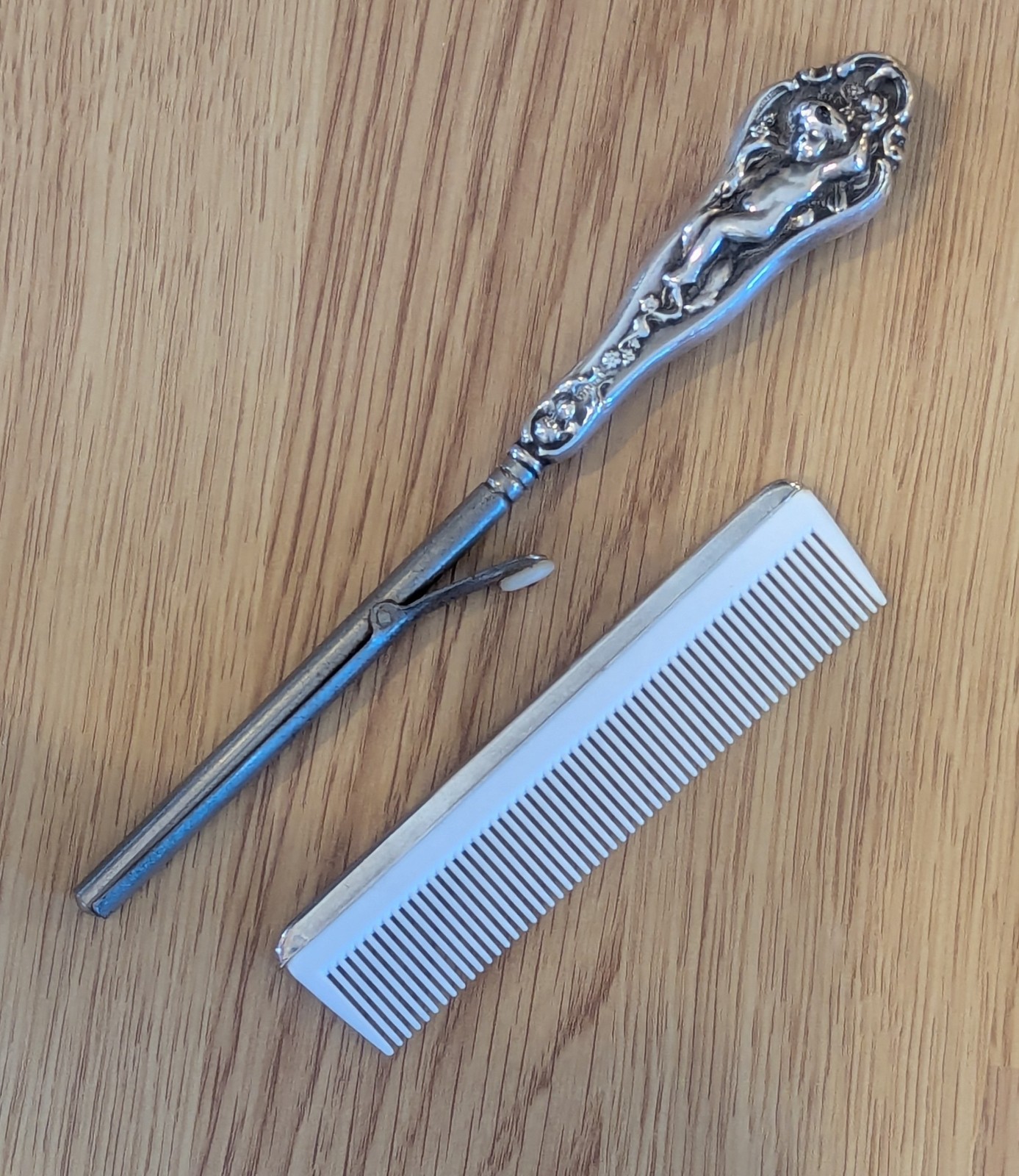 Set Of 2 Victorian Sterling Mustache Curler with Mother of Pearl Button & Comb