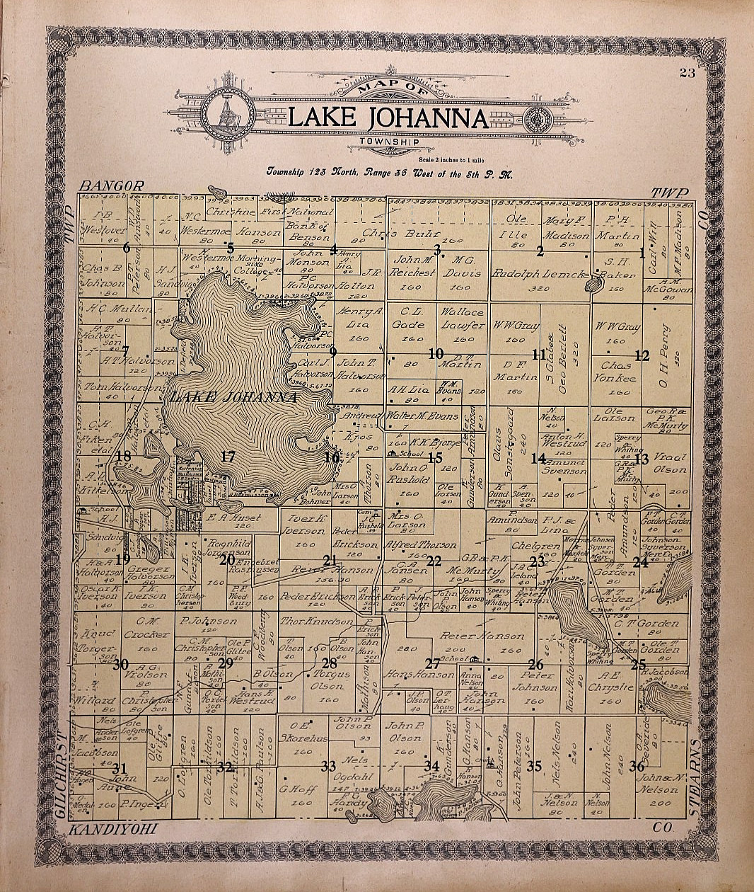 1910 Plat Map ~ LAKE JOHANNA Twp., POPE Co., MINNESOTA (15×17)-#13