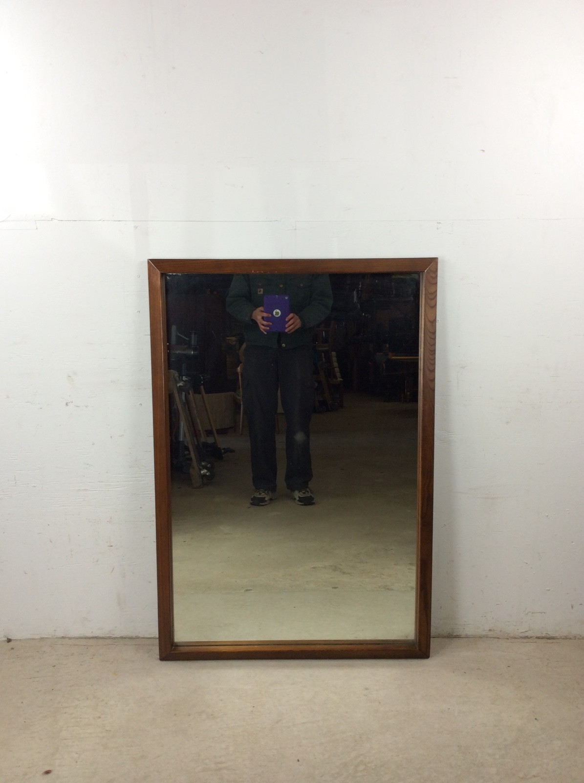 Mid Century Modern Tall Rectangular Wall Mirror with Oak Frame
