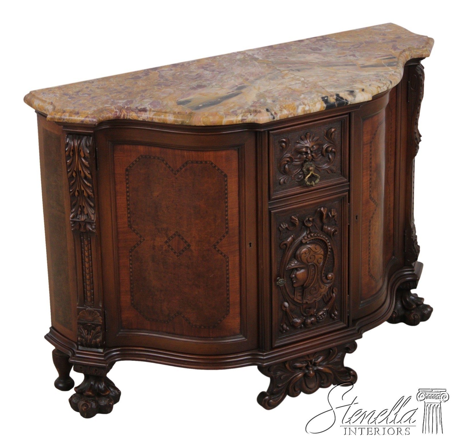 LF73156: Vintage Louis XV Style Carved Inlaid Commode Server w. Marble Top