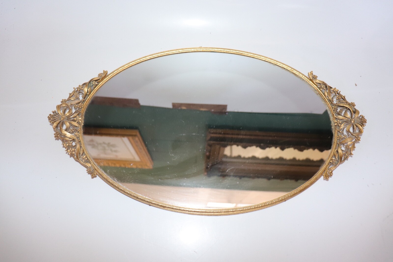Antique Vanity Mirror Ornate Brass Easel Frame Golden 19″ x 10.5″