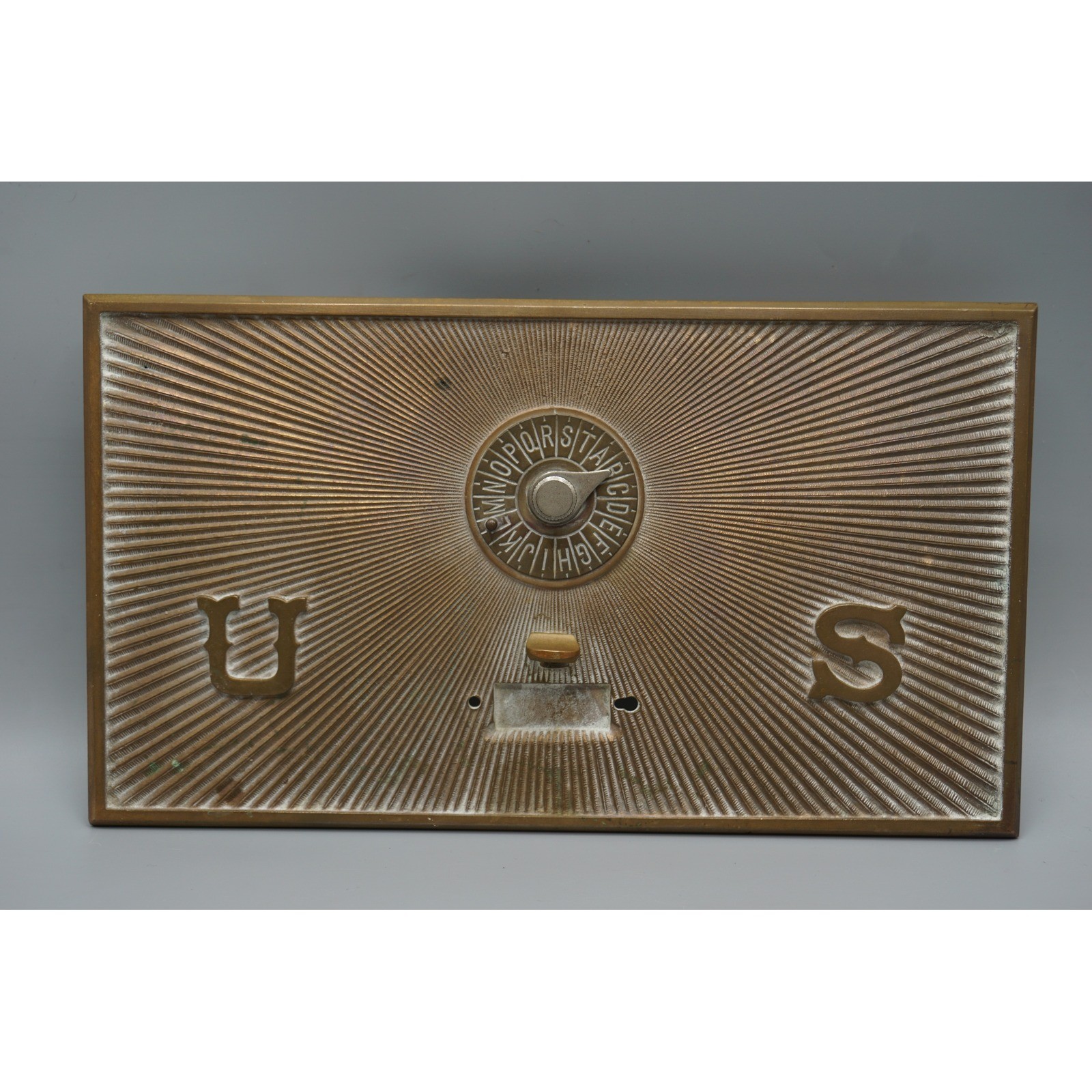Antique US Post Office Brass Mailbox Door Alphabetical Dial Sunburst Pattern