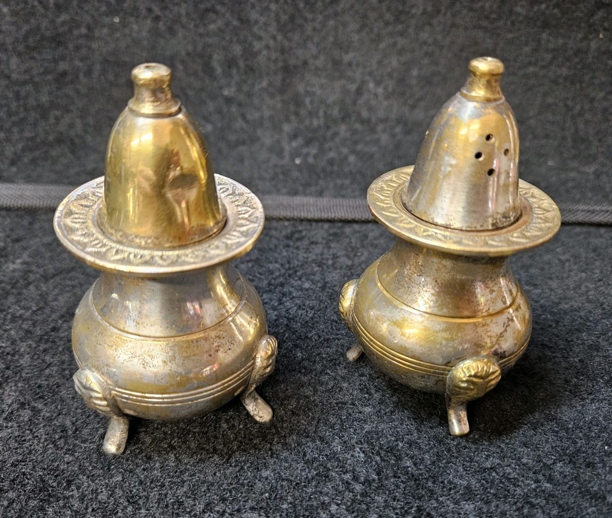 Vintage Gold Silver Plate 3 Footed Salt & Pepper Shaker India