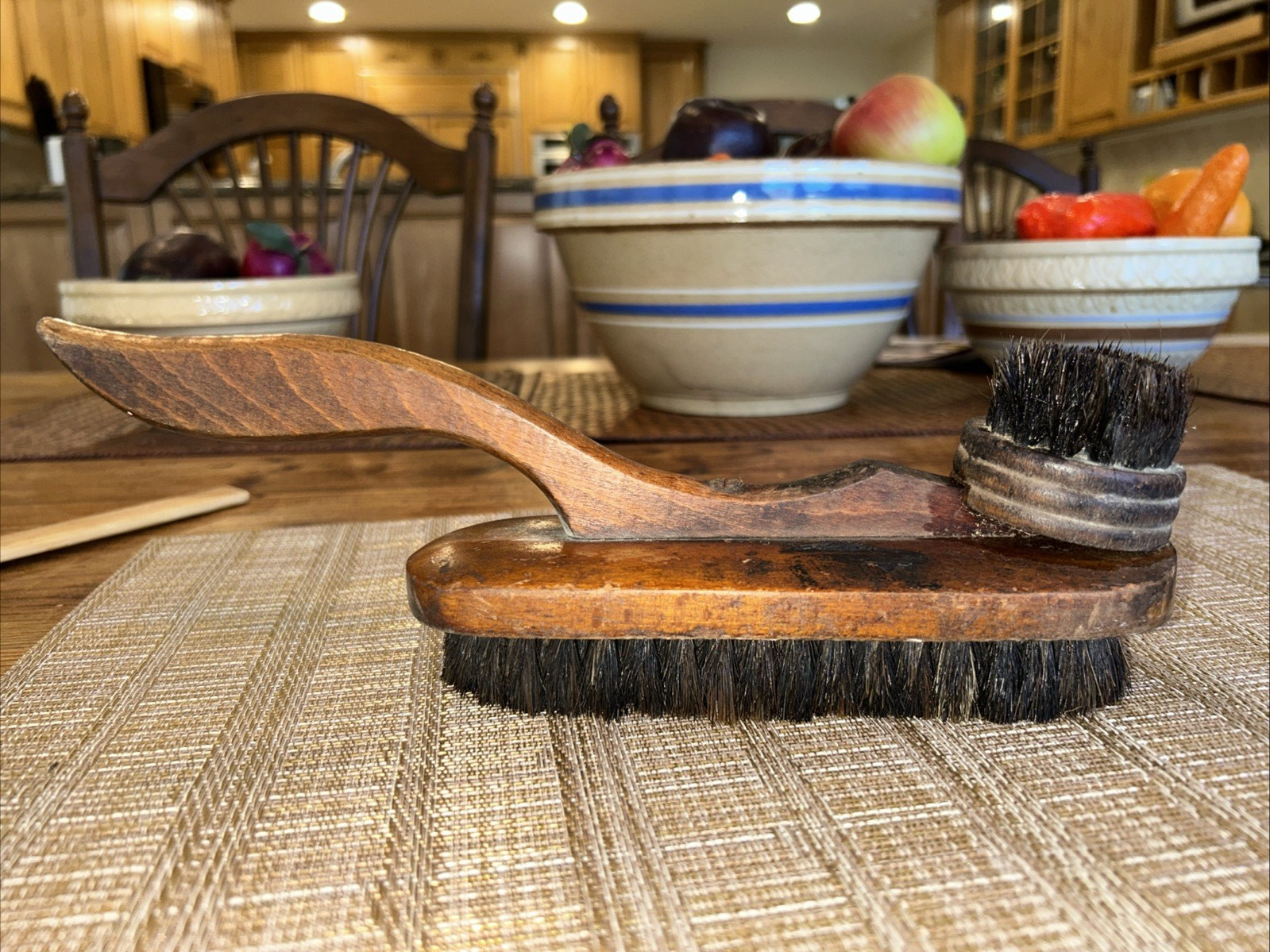 Rustic Wood Shoe Shine Double Brush with Curved Tail Handle Antique