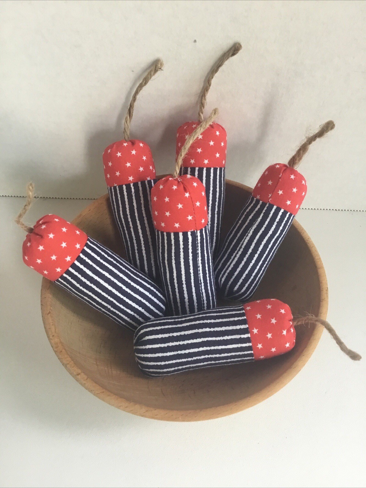Patriotic Red white n blue fabric 6 FIRE CRACKER Fabric Bowl Filler Ornies tucks