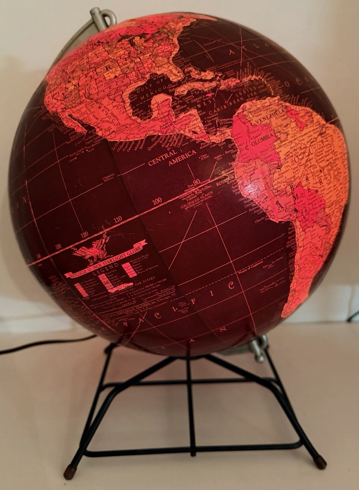Vintage Illuminated World Globe Andrews Laboratories Black Ocean Desk Lamp Globe