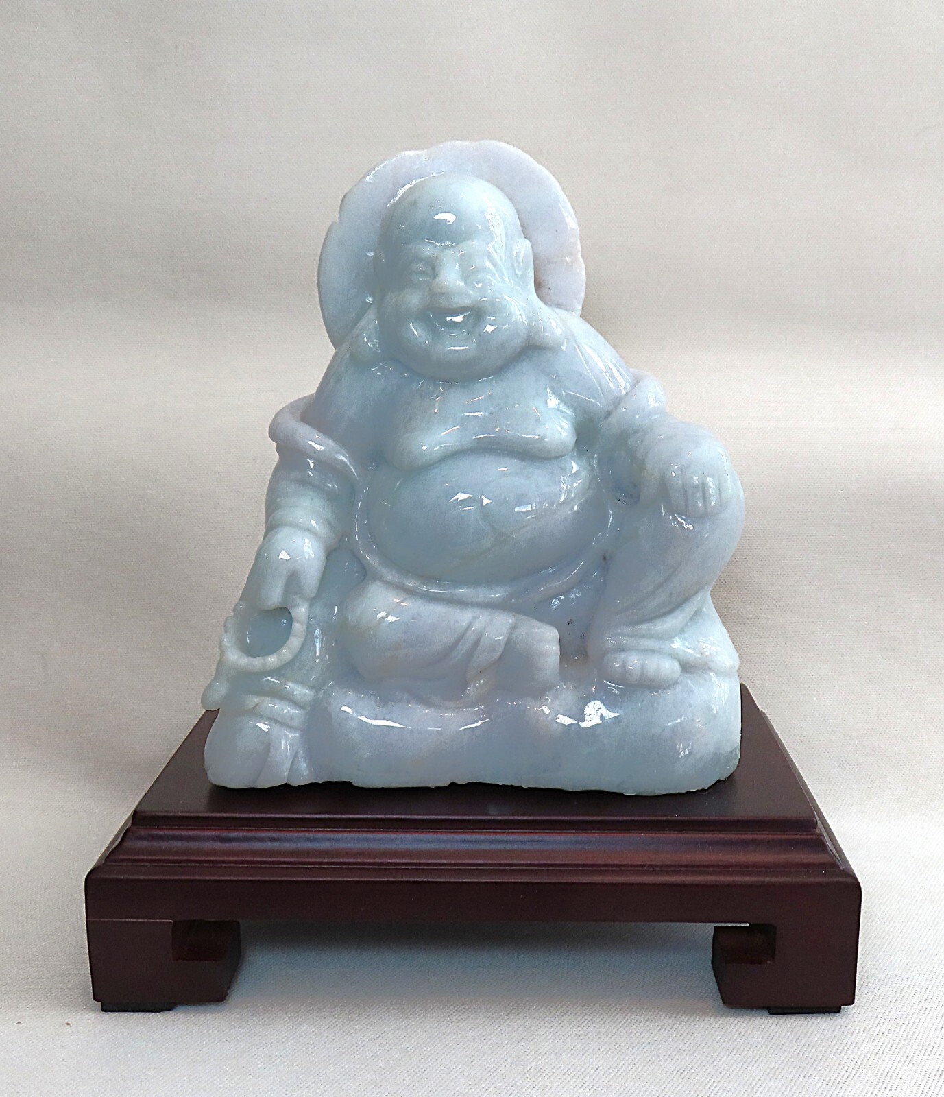 Vintage 1900’s Chinese Creamy Blue Lavender Carved Jadeite Jade Happy Buddha