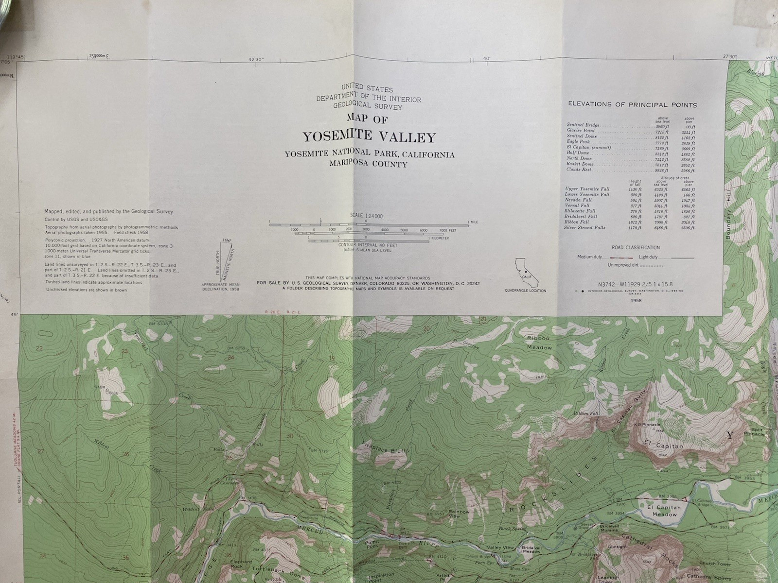 Yosemite Valley Topographical Map USGS Dept of Interior 1955/1958 41.5″x19″ VNTG