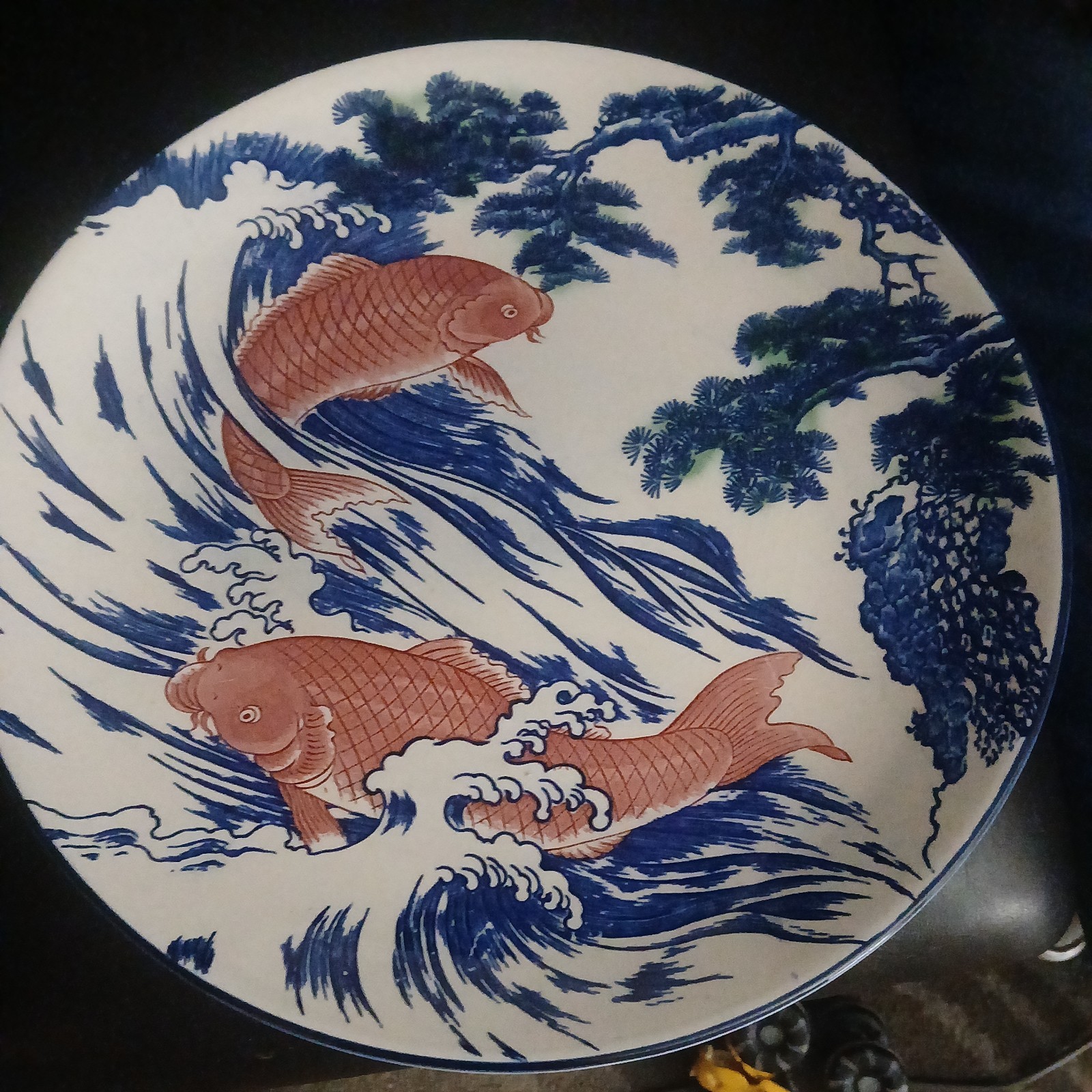 Vintage Japanese Hand Painted Blue & White Plate, Red Koi,Green Bonzi