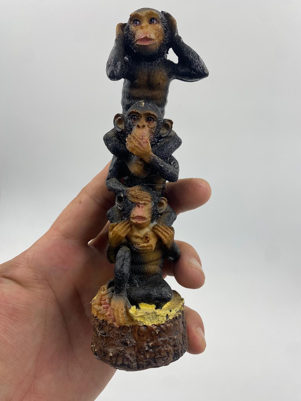 Vintage Carved Monkey Statue No Evil See Hear And Speak Resin Monkeys Base Wood