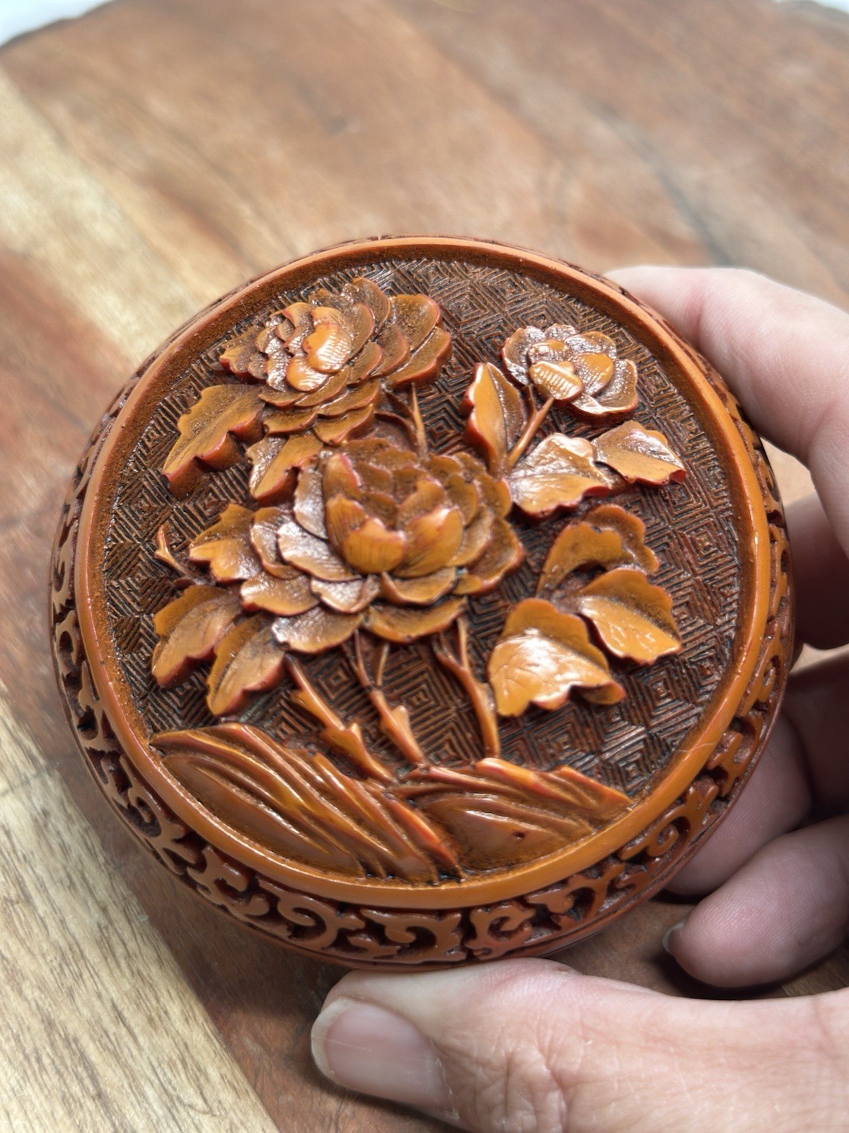 Chinese Carved Round Cinnabar Lidded Box Chrysanthemum Flower Motif Enamel