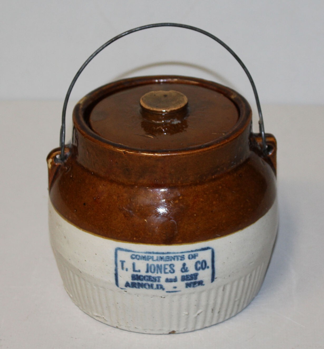 Antique Red Wing Crock Bean Pot – Brown and White Stoneware – Advertising T. L,