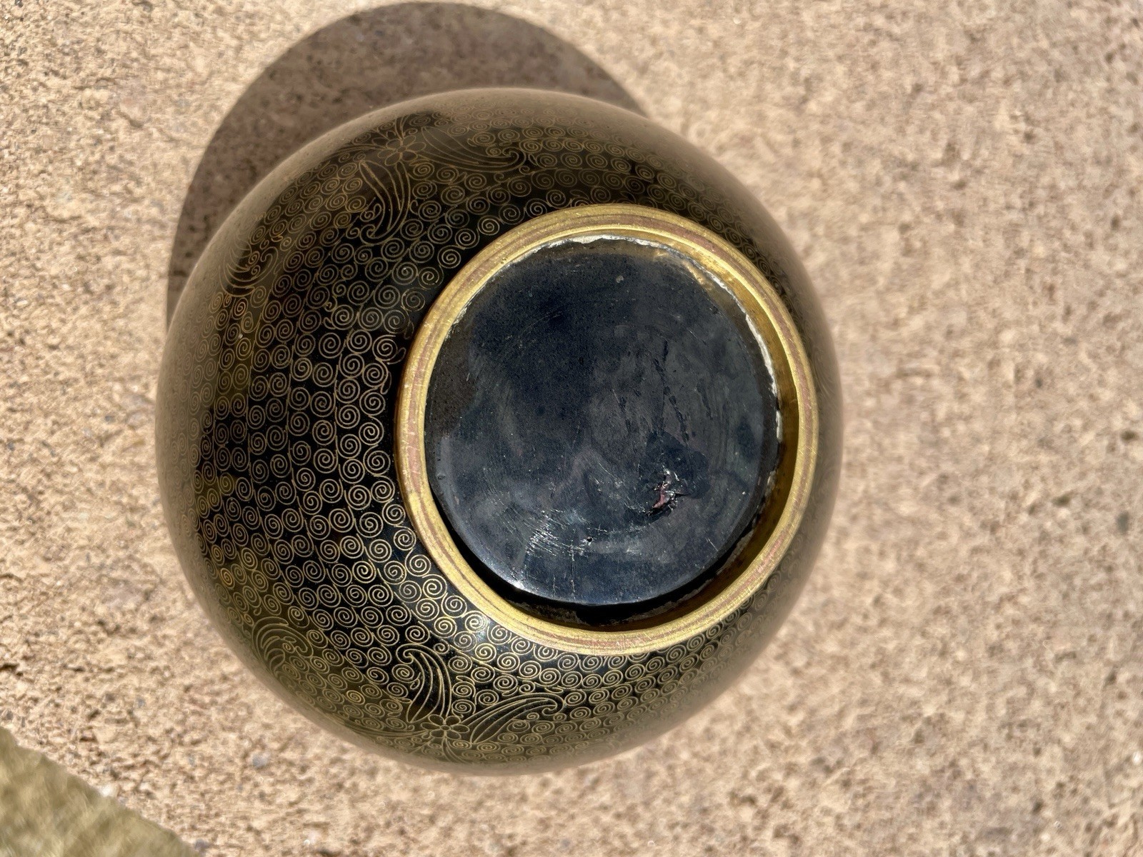 ANTIQUE CLOISSONE VASE WASHER JAR ENAMEL ON BRASS BLACK WITH GOLD DESIGN