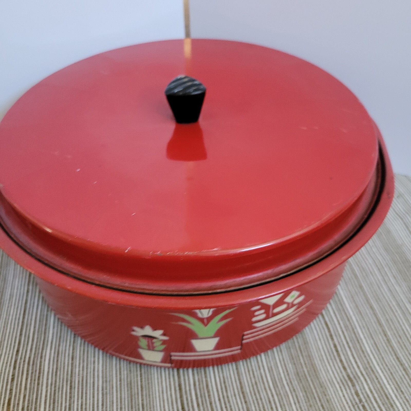 Tin Metal Round Pantry Box Cake Keeper Original Red Paint Print Vintage