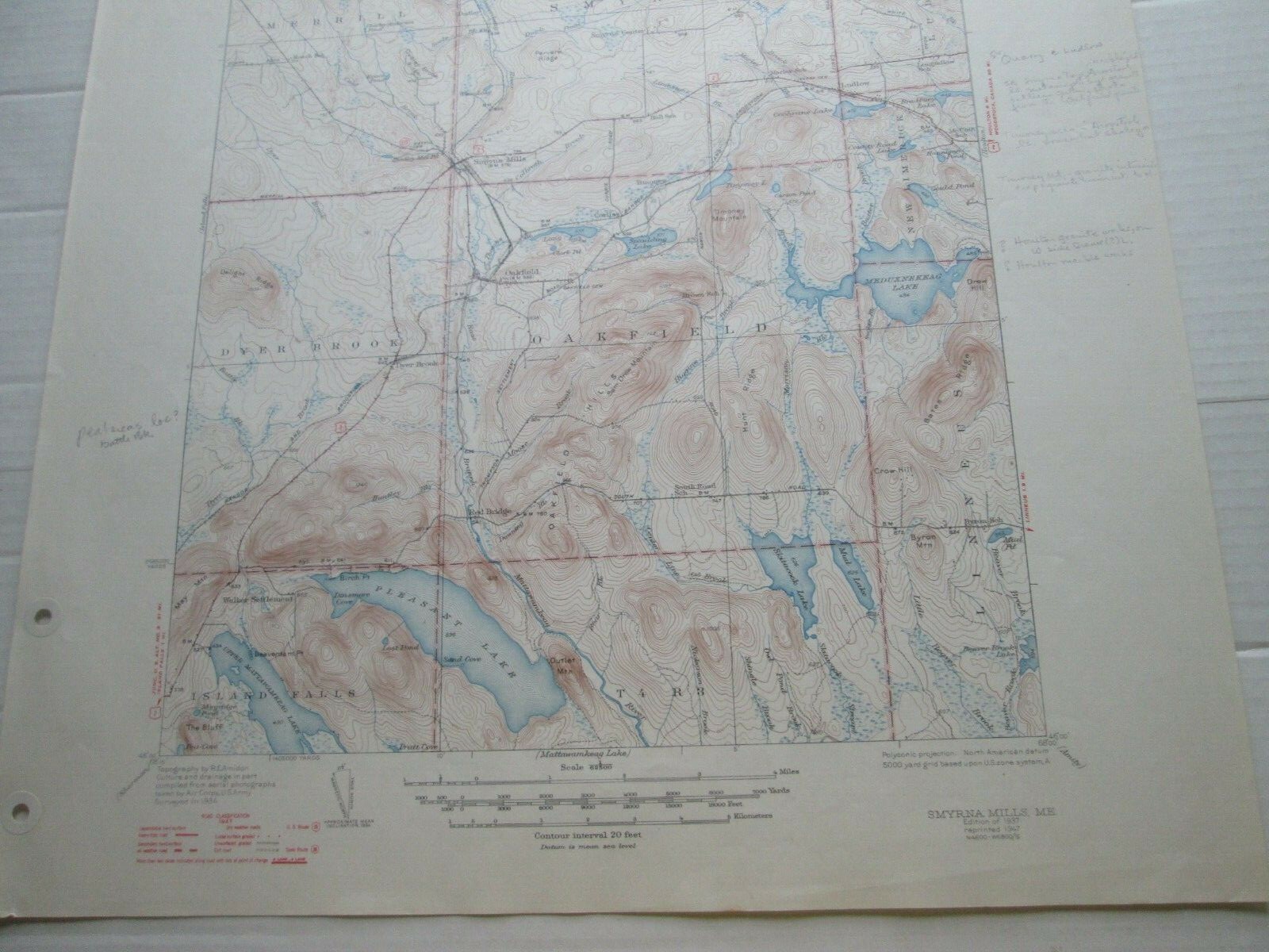 (1) MAINE ORIGIN TOPOGRAPHICAL MAP, “SMYRNA MILLS”, GEOLGICAL SURVEY 1937/1947