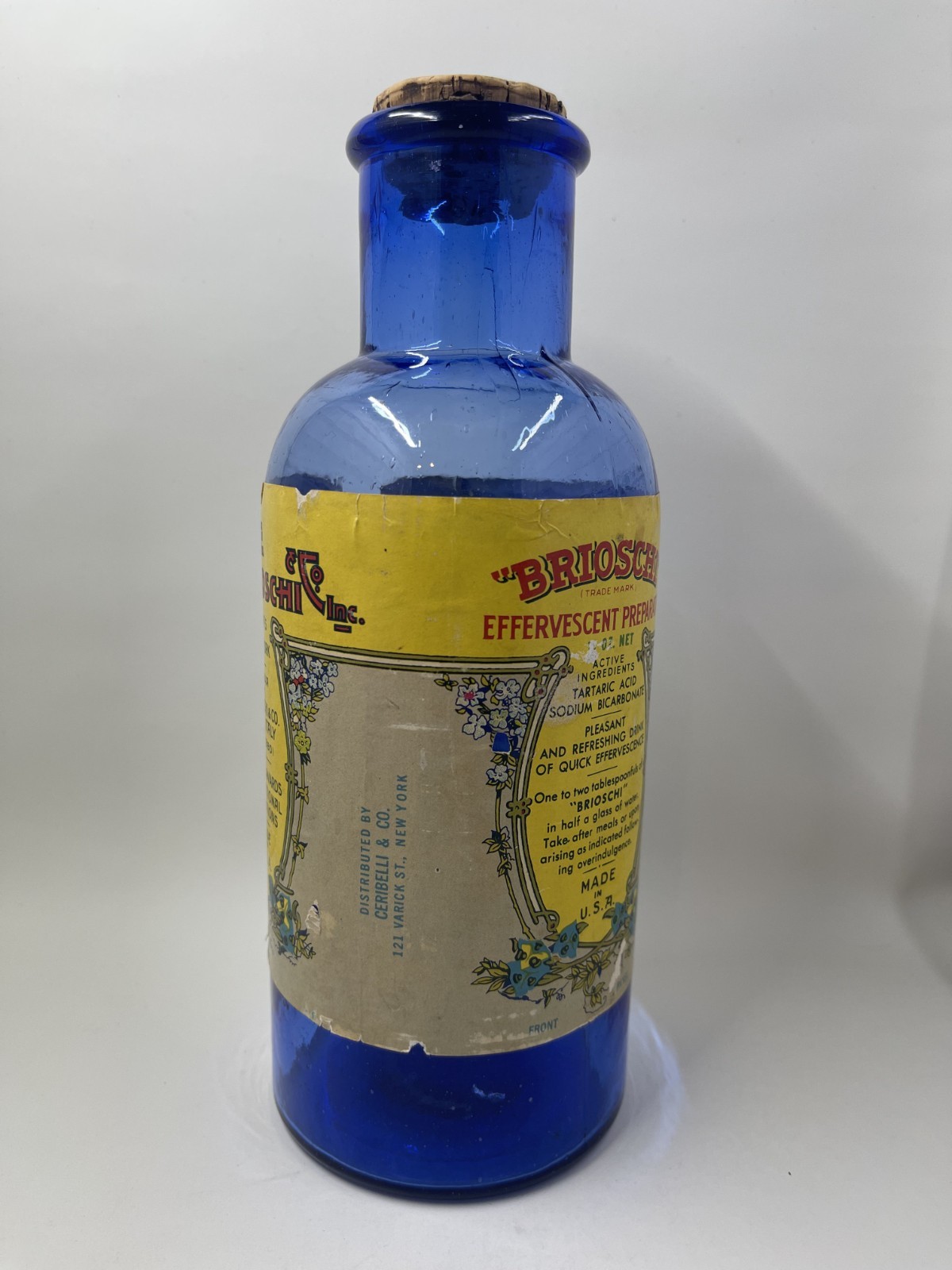 BRIOSCHI Antique Pharmacy Medicine Bottle Original Paper Label & Cork
