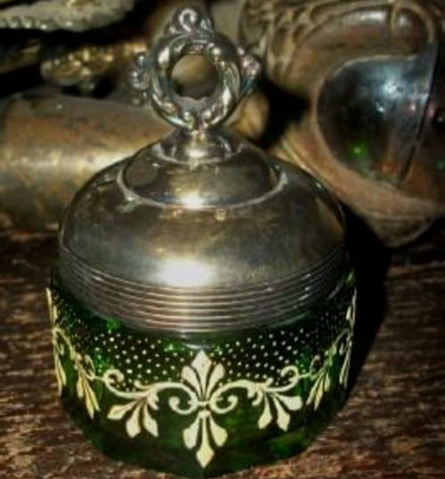 Victorian Green Glass Silverplate Vanity Jar Emerald Pear HP Moriage 1890s