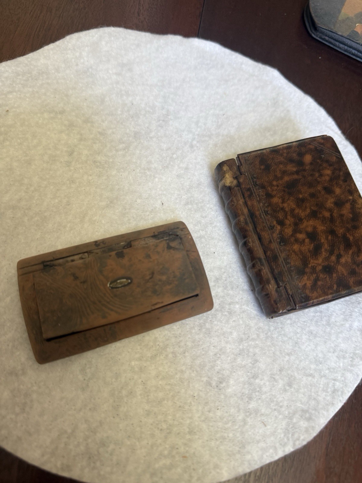 2 English Antique Snuff Trinket boxes. 1 Hinged Book Marbled , 1 Burl inside