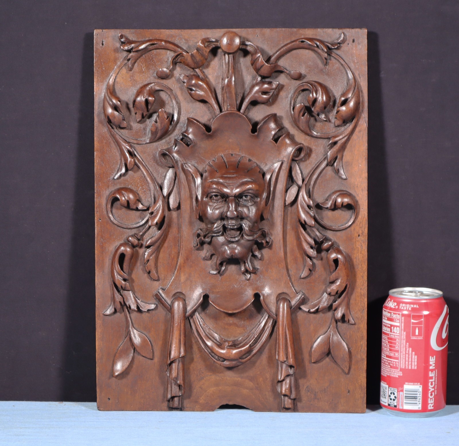 15″ Tall Antique French Solid Walnut Wood Panel with Highly Carved Devil/Face