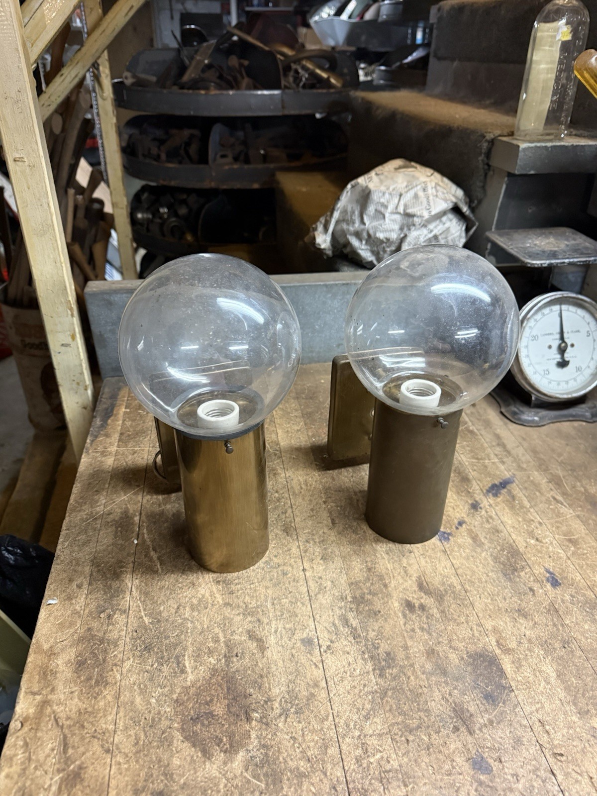Mid Century Atomic Brass Wall Sconce Electric Light Lamp Fixture Globes Pair Set