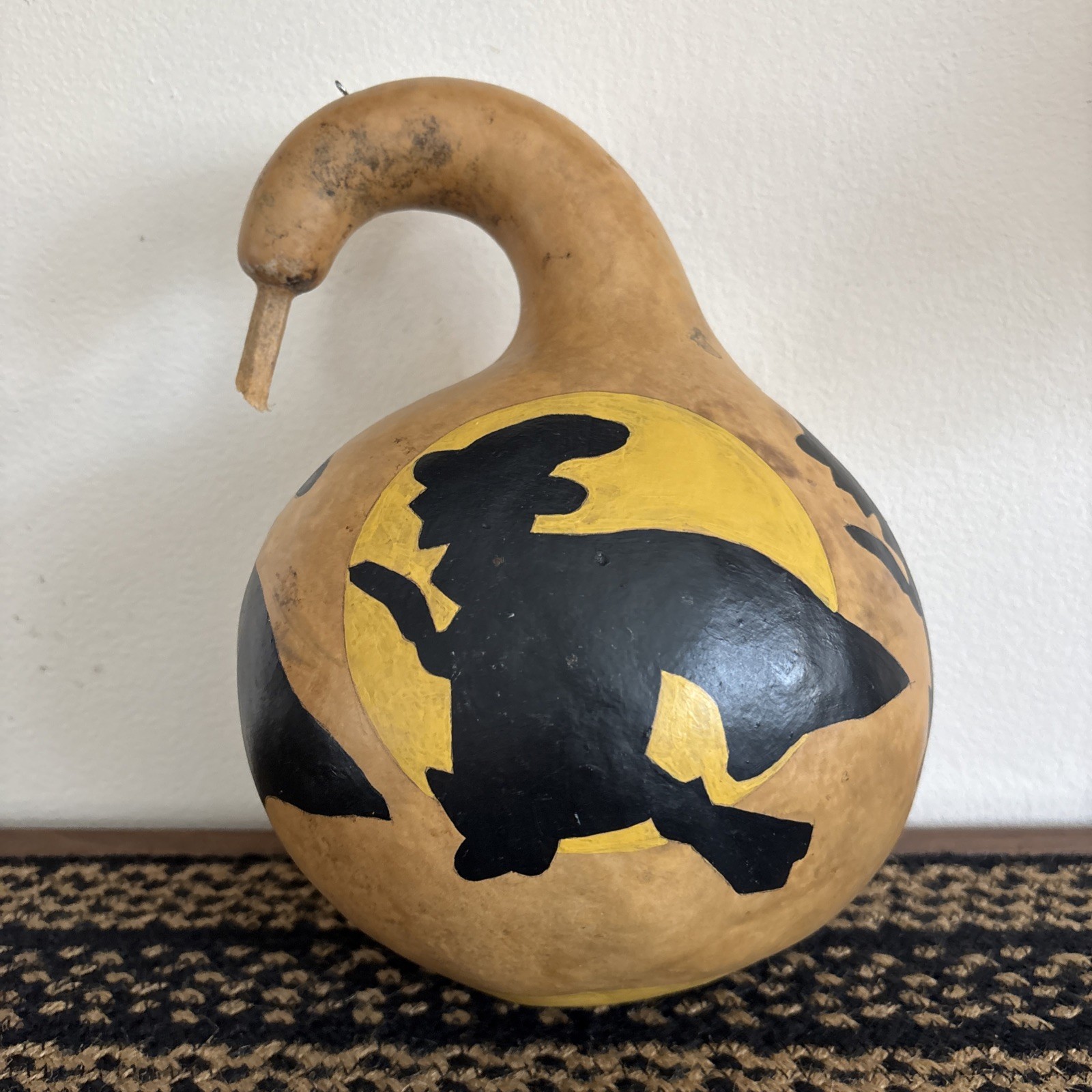 Primitive Folk Art Large Gourd Halloween Witches on Brooms Handmade