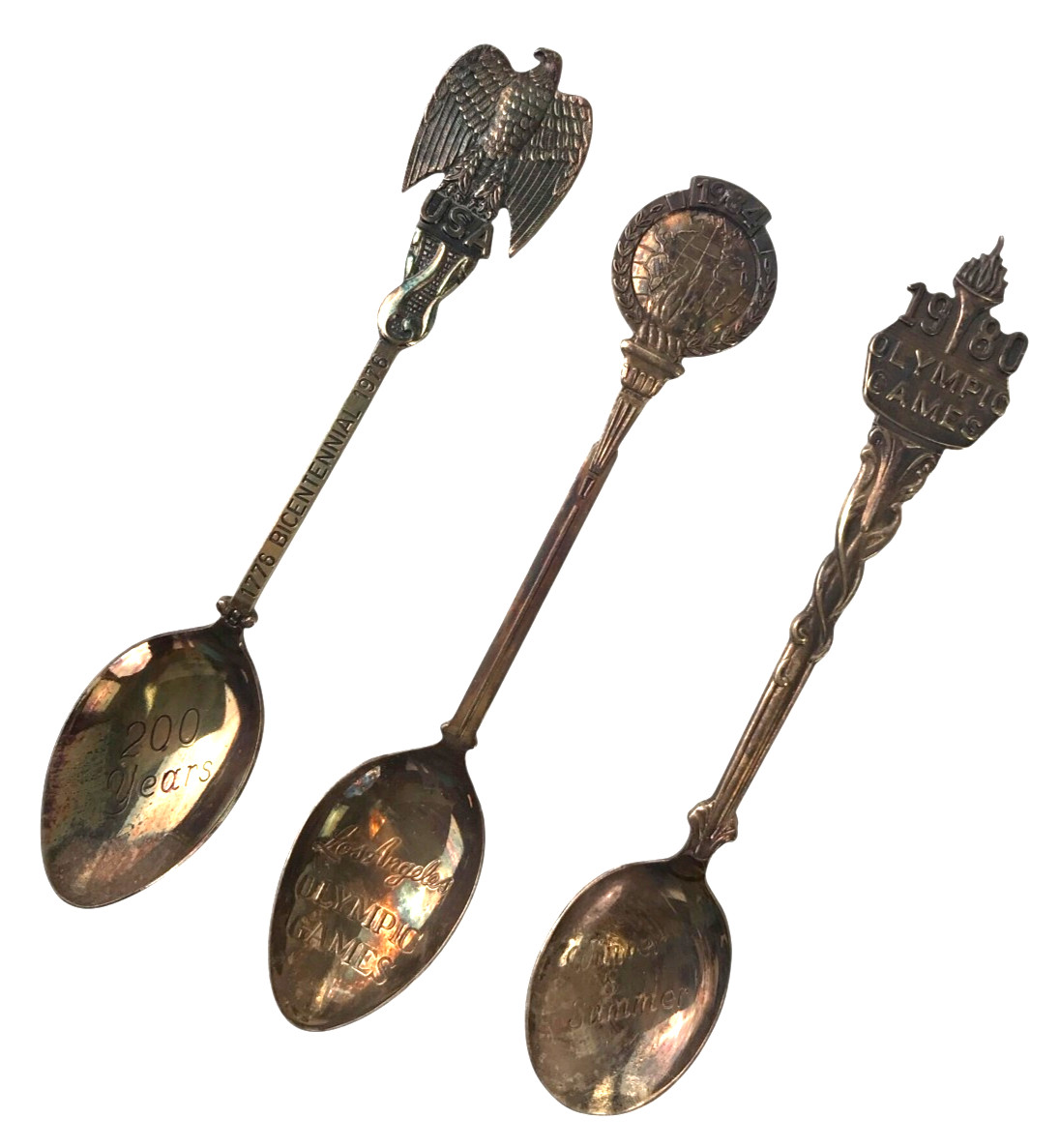 3 Demitasse Spoons USA 1976 Bicentennial + 1980 1984 Olympic Games EPNS Holland