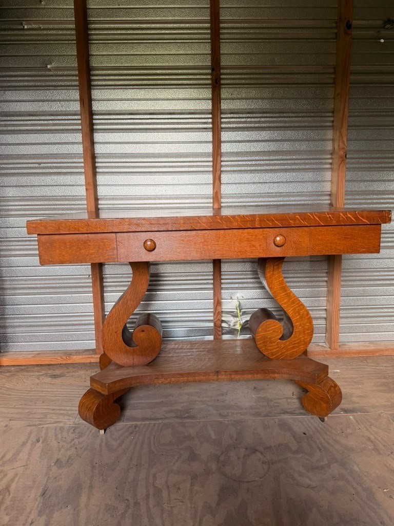 Antique American Empire Wood Library Table Console Desk Scroll Legs Local