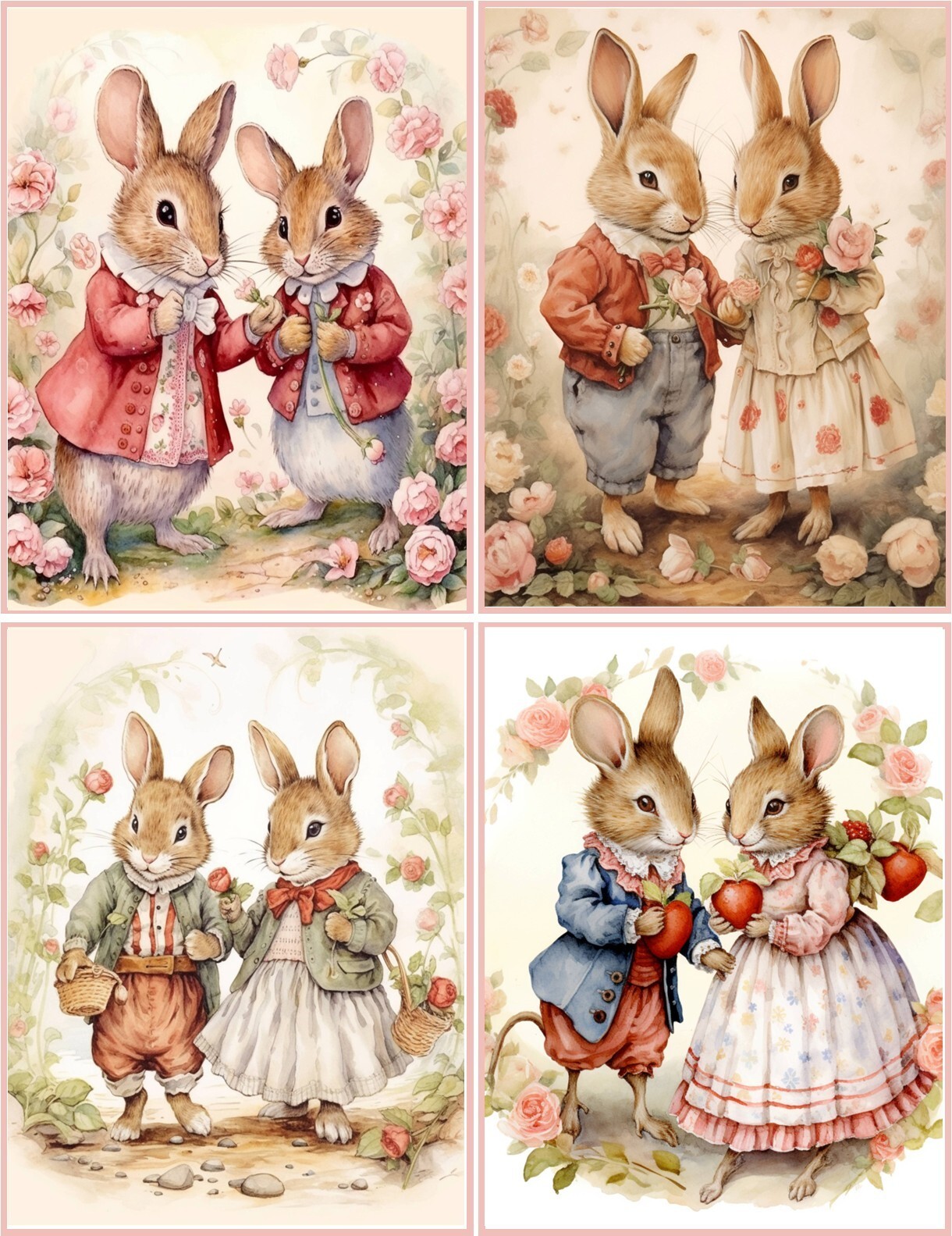 8 RABBIT BUNNY VALENTINE VINTAGE VICTORIAN FANTASY ROSES LOVE GLOSSY BLANK CARD