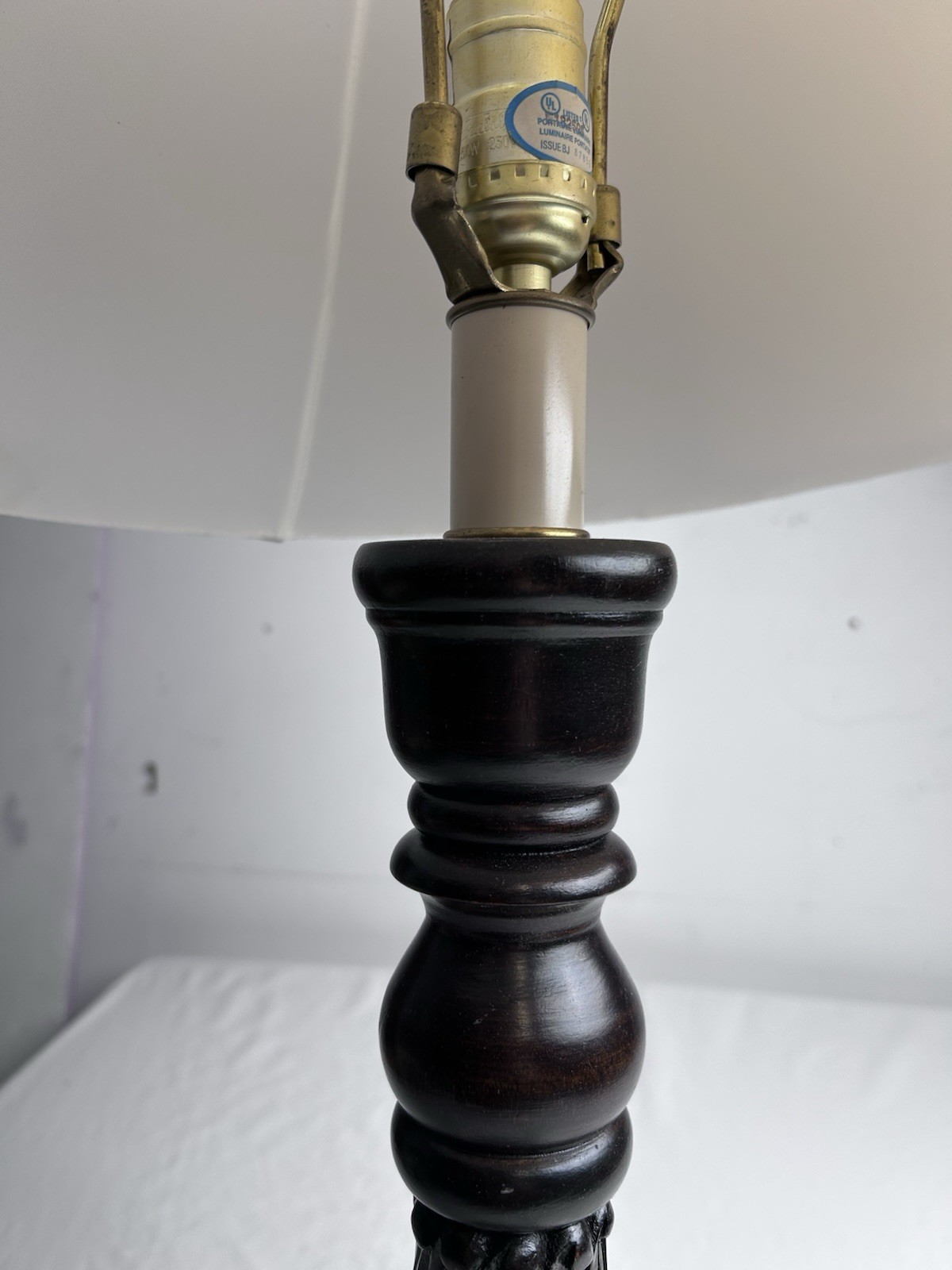 Two Hand Carved Large Wood Light Stands With Lampshades Dark Brown