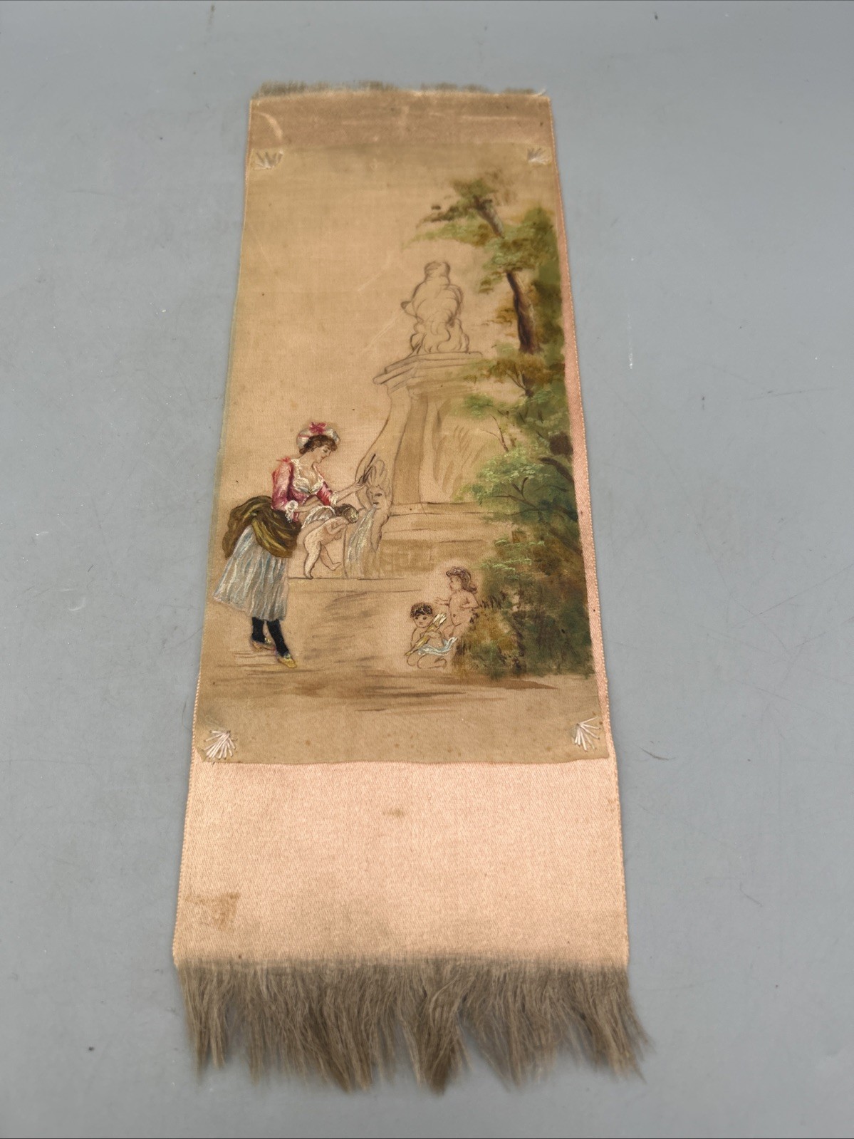 antique 1836 souvenir silk Bookmark Woman And Children In Garden