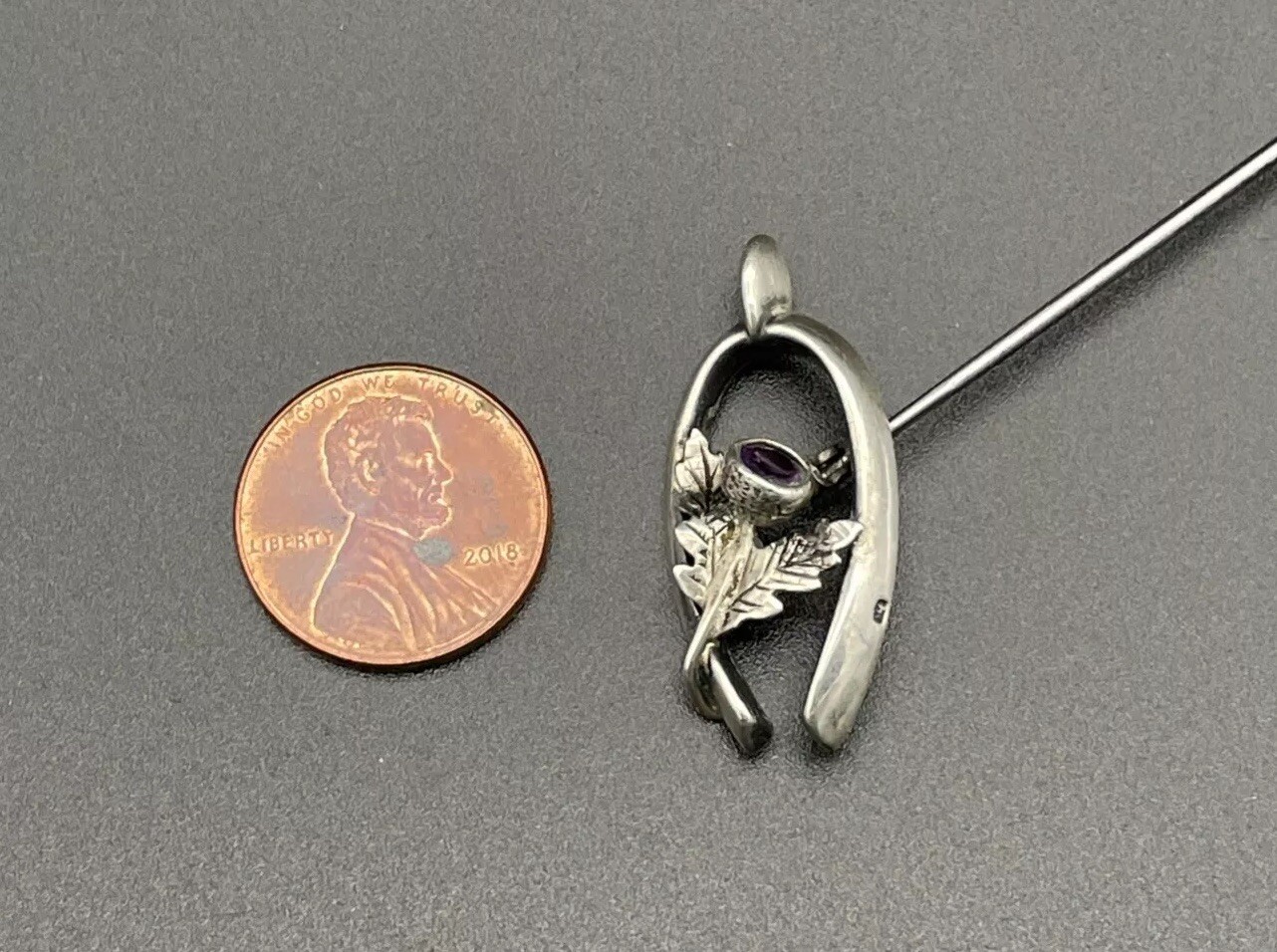Scottish Thistle Amethyst Stone & Wishbone Sterling Silver Hatpin English 1909