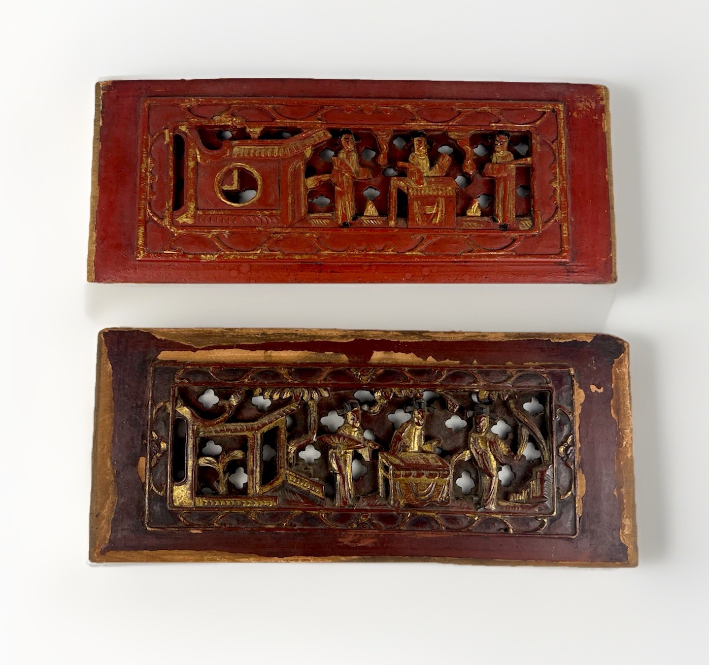 Pair Antique Late Qing Chinese Lacquer & Gilt Carved Wood Panels Wax Seal 14”