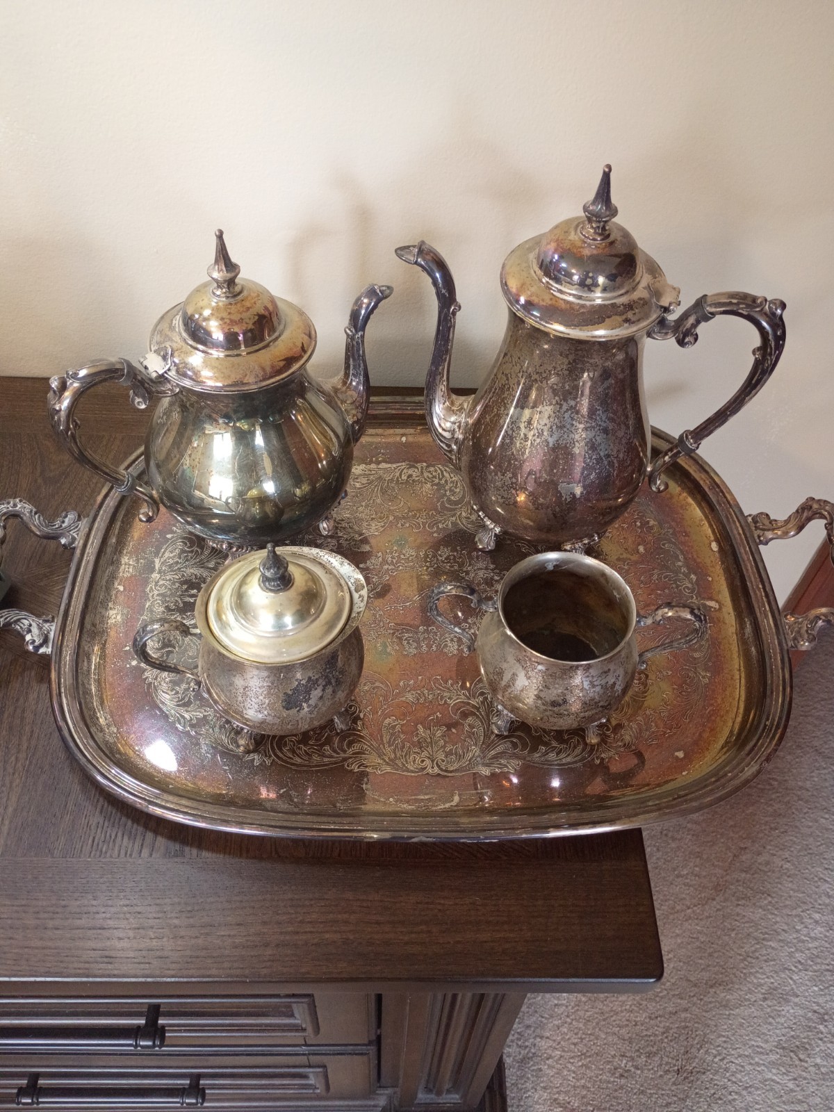 Vintage SHERIDAN SILVER PLATED COFFEE & TEA SET W/TRAY, complete set